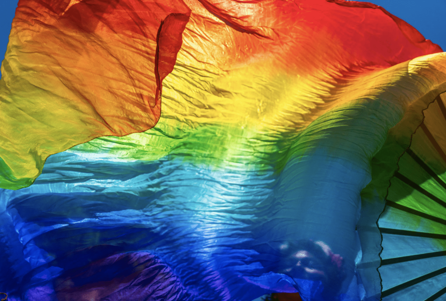 A rainbow flag blows in the wind